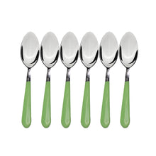 Stainless steel spoons set for dining with ergonomic grip handles.