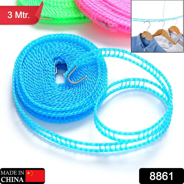 3 Meter Anti-Slip Clothesline Rope - Nylon, Hooks, Indoor/Outdoor